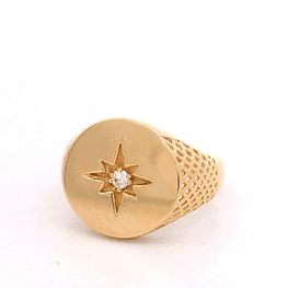 Anillo de Oro 18K con Sello y Piedra Incolora 