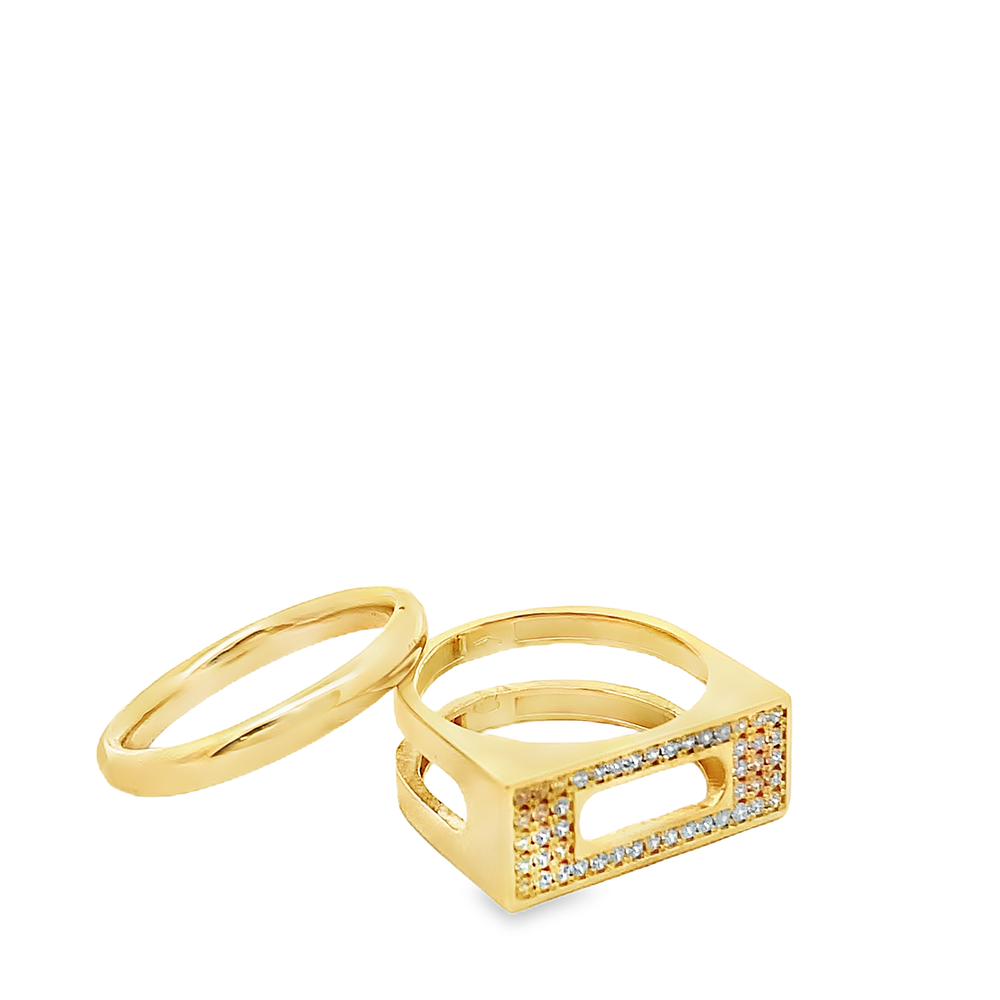 Anillo De Oro 18K Sello Rectangular con Micropiedras y Diseño a Presión 