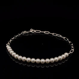 Pulsera De Plata 925  con Perlas Continuas y Eslabones