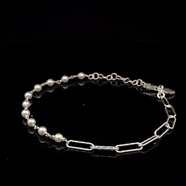 Pulsera De Plata 925  Eslabones Abierto con Perlas Continuas