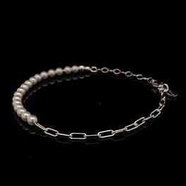 Pulsera De Plata 925  con Perlas Continuas y Eslabones