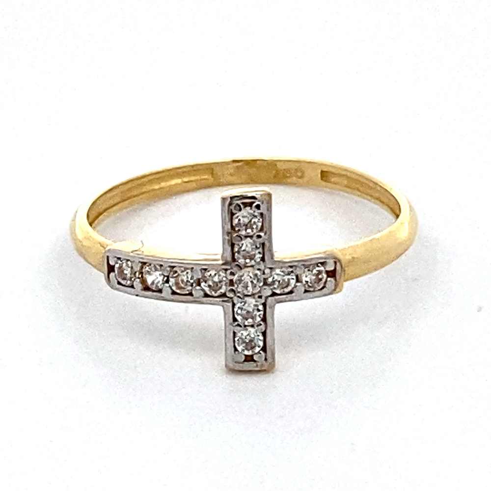 Anillo de Oro Amarillo 18K  Cruz con Micropiedras Incoloras