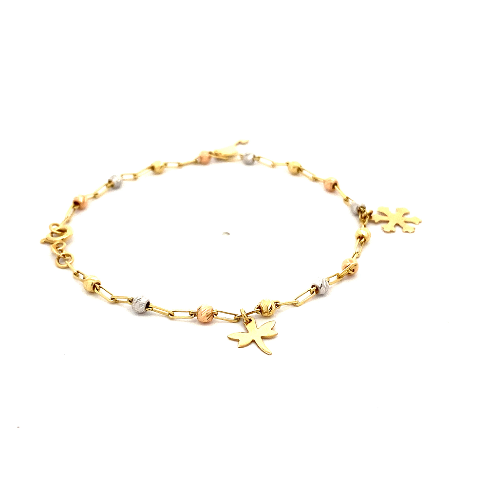 Pulsera de Oro Amarillo 18K Limada con Esferas y Colgantes de Tres Oros