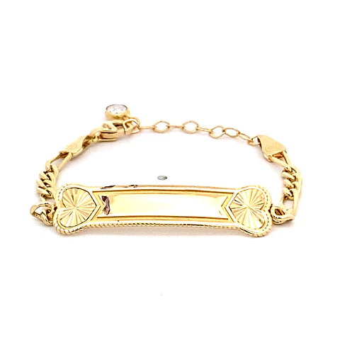 Pulsera de Oro Amarillo 18K Infantil Fígaro 3x1 con Placa y Punto de Luz