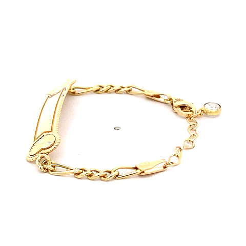 Pulsera de Oro Amarillo 18K Infantil Fígaro 3x1 con Placa y Punto de Luz