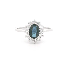 Anillo de Oro Blanco 18K Rosetón Rodinado con Piedra Azul y 12 Diamantes Naturales – Talla 19