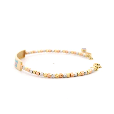 Pulsera Esclava de Oro Amarillo 18K con Placa, Esferas Diamantadas Tres Oros