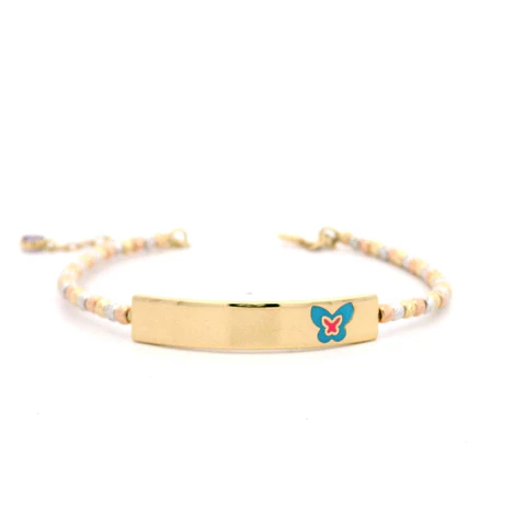 Pulsera Esclava de Oro Amarillo 18K con Placa, Esferas Diamantadas Tres Oros