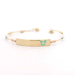 Pulsera Esclava de Oro Amarillo 18K Espiral Diamantada con Placa, Esferas en Tres Oros