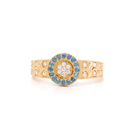Anillo De Oro Amarillo 18K Halo Con Micropiedras Incoloras Y Azules