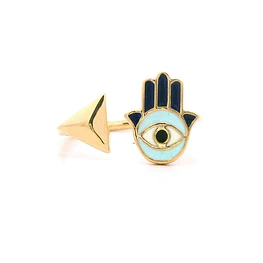 Anillo De Oro Amarillo 18K Mano De Fátima Pintada Y Triángulo Con Abertura Central