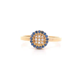 Anillo De Oro Amarillo 18K Halo Con Micropiedras Azules E Incoloras