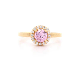 Anillo De Oro Amarillo 18K Halo Con 1 Piedra Rosada Y Micropiedras Incoloras
