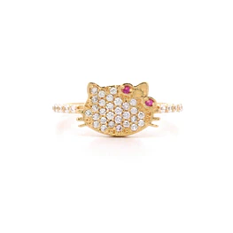 Anillo De Oro Amarillo 18K Rostro De Gato Con Micropiedras Incoloras Y 2 Micropiedras Fucsias