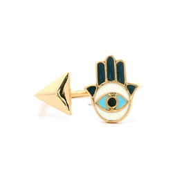 Anillo De Oro Amarillo 18K Mano De Fátima Pintada Con Triángulo Y Abertura Central