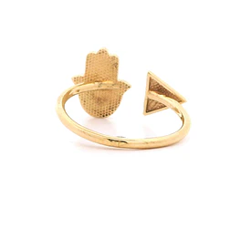 Anillo De Oro Amarillo 18K Mano De Fátima Pintada Con Triángulo Y Abertura Central