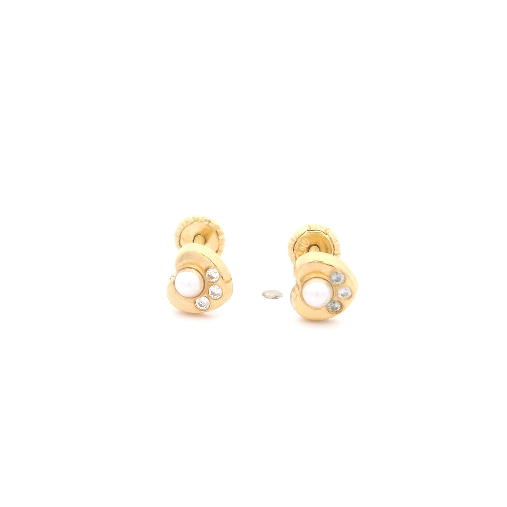 Aros De Oro Amarillo 18K Corazón Con Perla Y Micropiedras Incoloras Para Bebé
