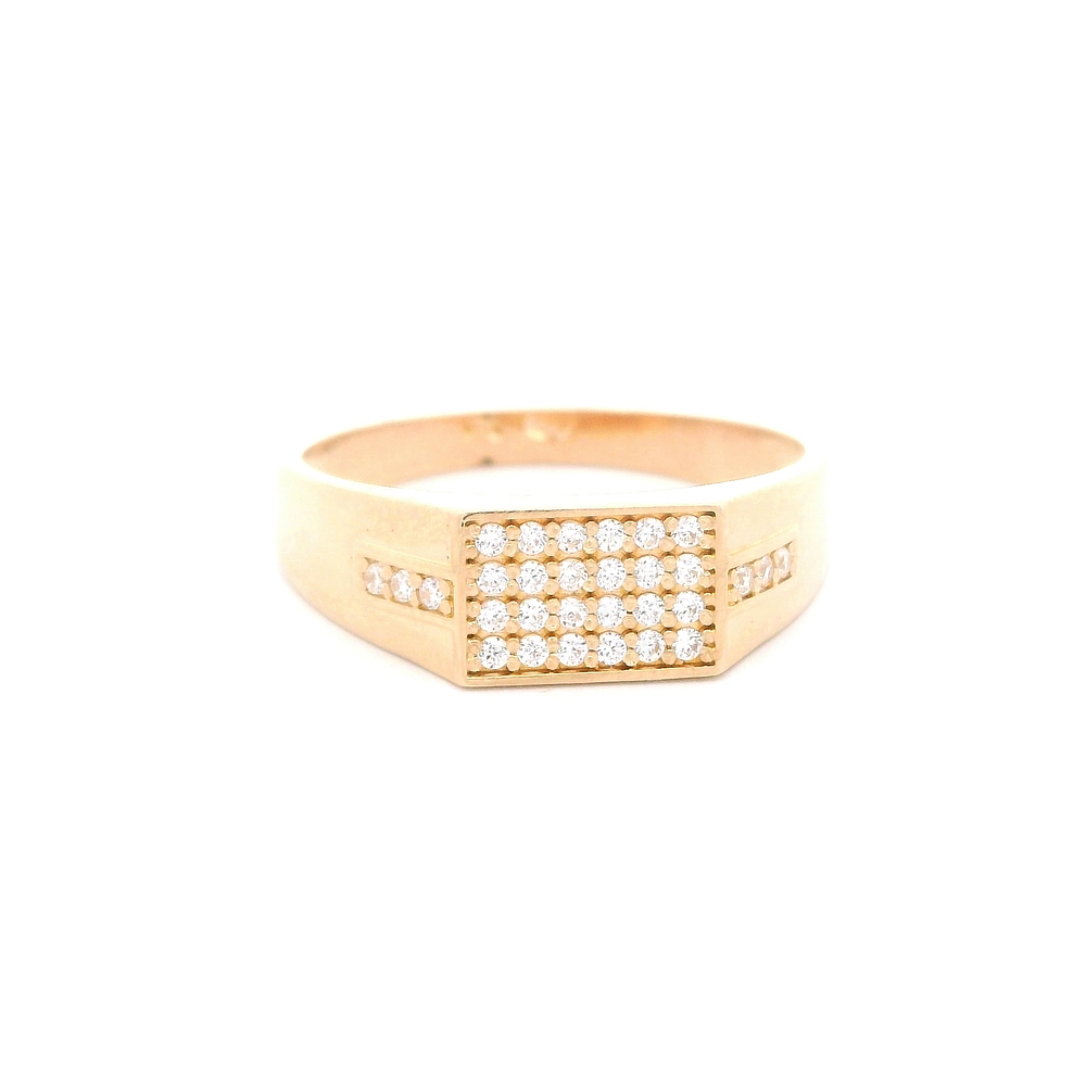 Anillo De Oro Amarillo 14K Sello Rectangular Con Micropiedras Incoloras