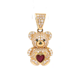 Colgante de Oro Amarillo 18K Oso con Micropiedras y Piedra Roja Central