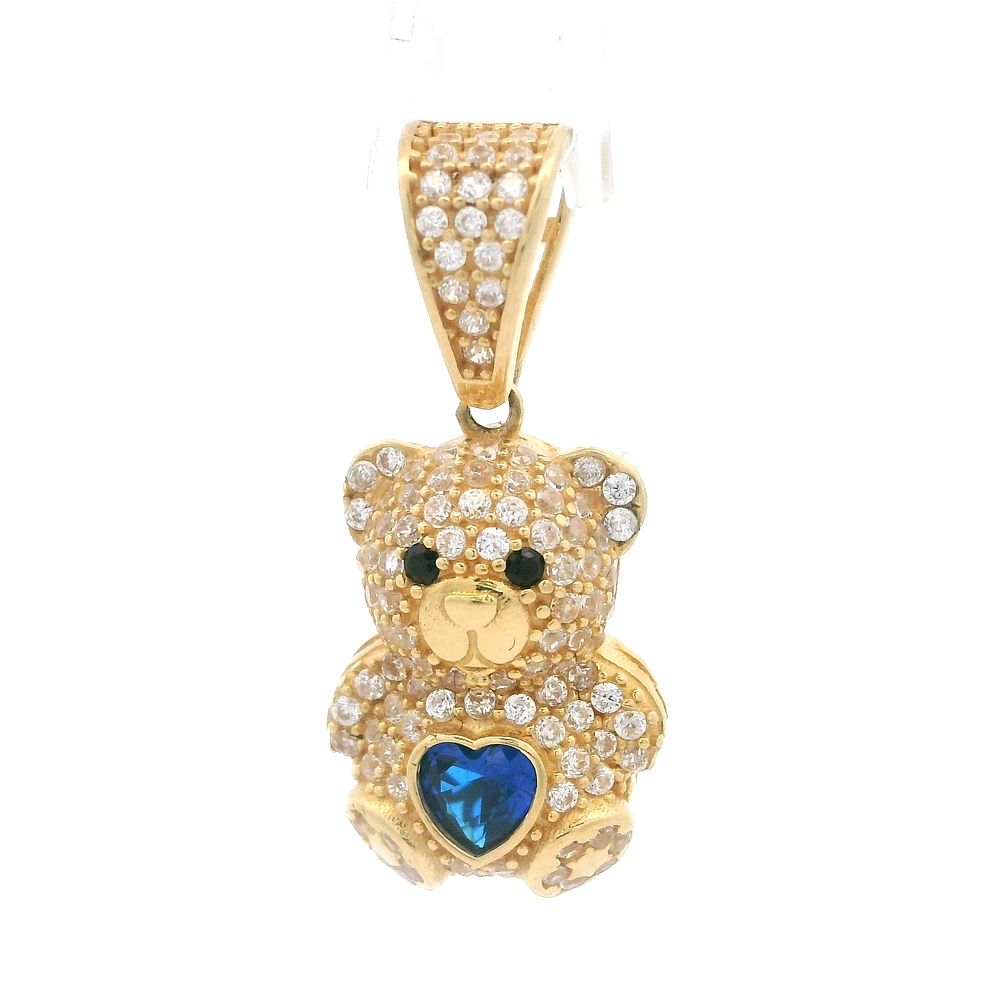 Colgante de Oro Amarillo 18K Oso con Micropiedras y Piedra Azul Central