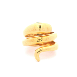 Anillo De Oro Amarillo 18K Serpiente En Espiral Con 2 Micropiedras Verdes