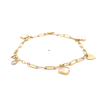 Pulsera de Oro Amarillo 18K con Colgantes Flor y Corazón y 1 Piedra Incolora