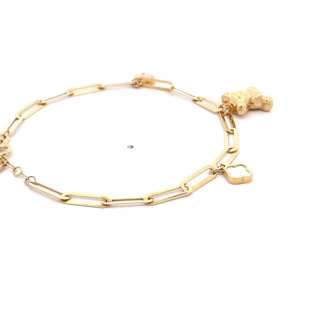 Pulsera de Oro Amarillo 18K Limada 1x1 con Tres Colgantes y Piedra Incolora