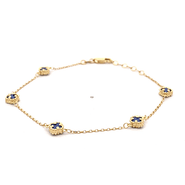 Pulsera de Oro Amarillo 18K Labrada con Flores y Piedra Azul
