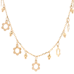 Cadena de Oro Amarillo 18K Labrada con Flores y Esferas Colgantes