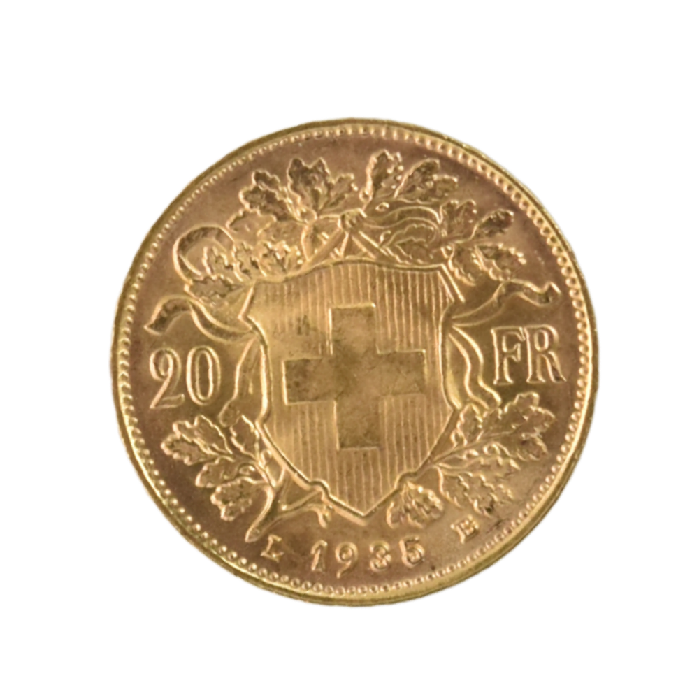 Moneda de Oro 20 Francos Suizos Helvetia 1935 – Vreneli 