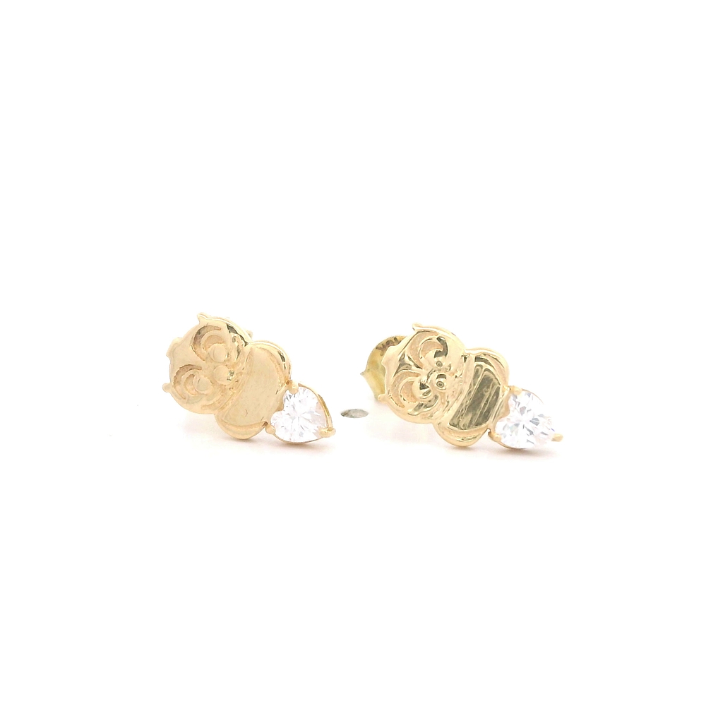 Aros de Oro Amarillo 18K Buho Micropiedras Incoloras Cierre de Mariposa
