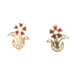 Aros de Oro Amarillo 18K Flor Esmaltada Micropiedras Incoloras 