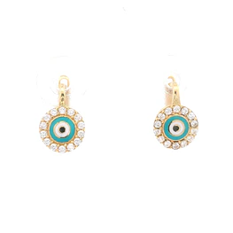 Aros de Oro Amarillo 18K Halo Ojo Turco Esmaltada Micropiedras Incoloras Gancho Catalán
