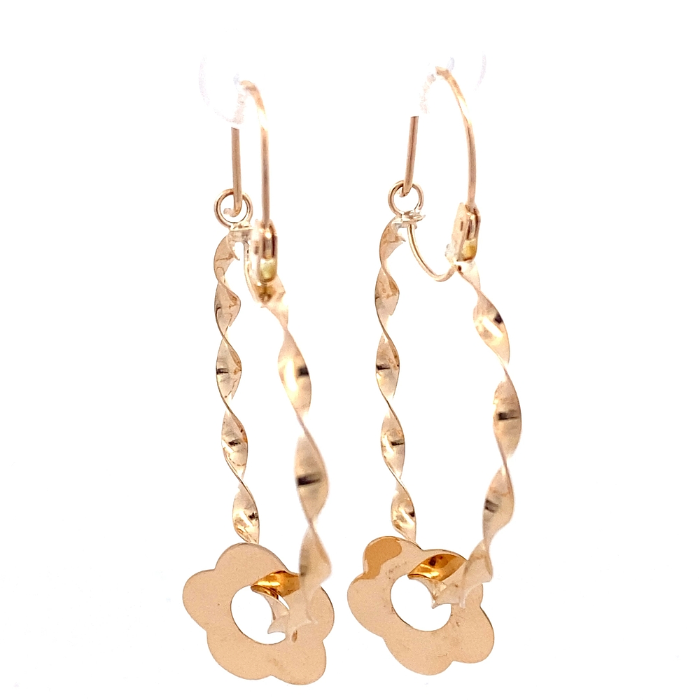 Aros de Oro Rosado 18K Espiral con Flor Móvil y Gancho