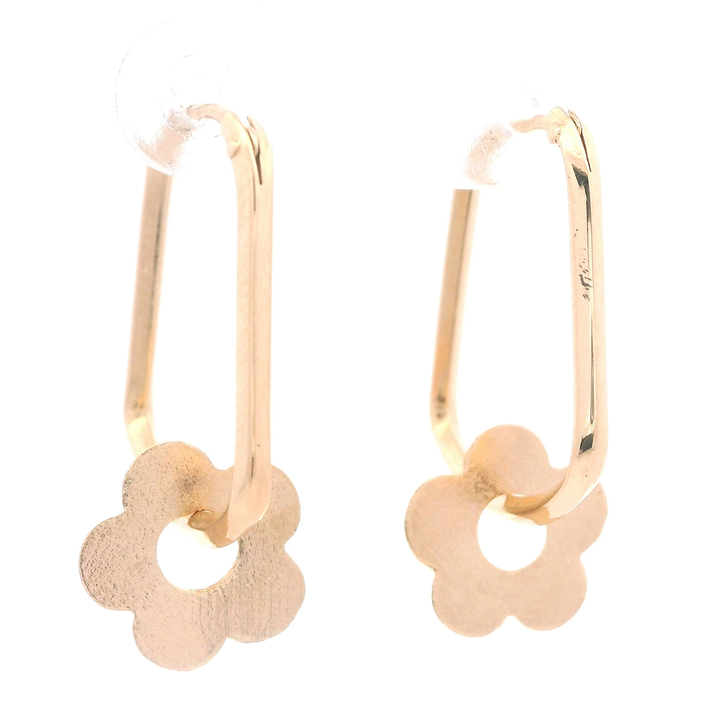 Aros de Oro Amarillo 18K Campana con Flor Mateada Móvil y Cierre Criollo