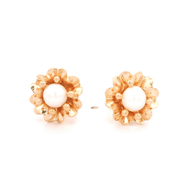 Aros de Oro Amarillo 18K Flor con Pistilos 1perla y Cierre Mariposa