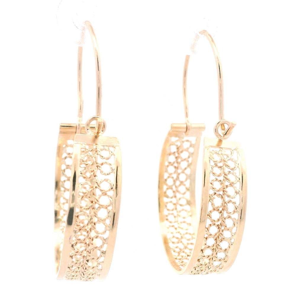 Aros de Oro Amarillo 18K Bote Filigrana con Gancho
