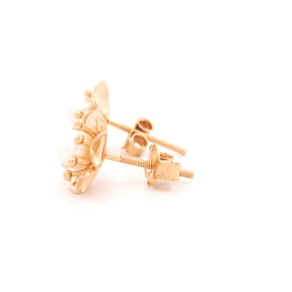 Aros de Oro Amarillo 18K Flor con Pistilos 1perla y Cierre Mariposa