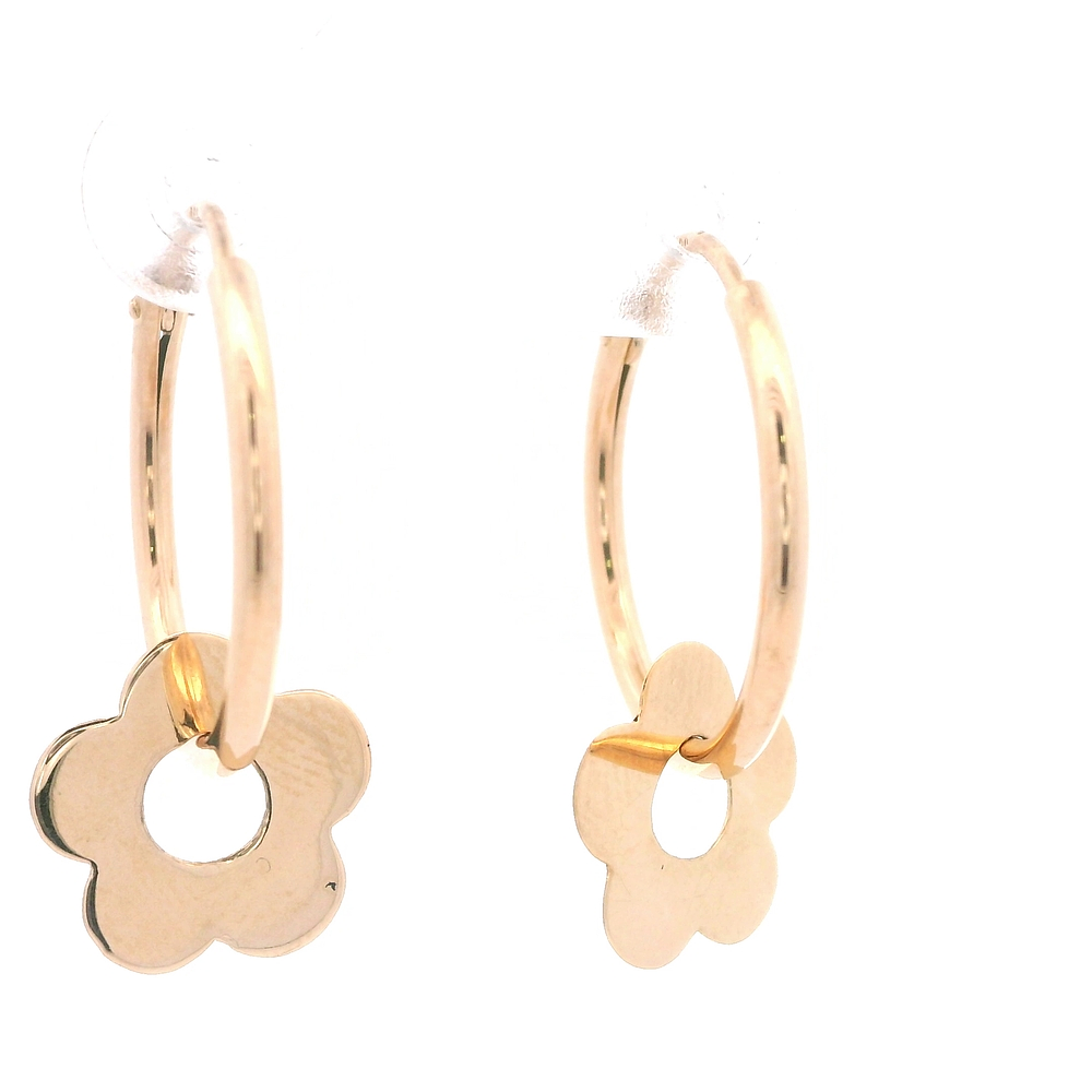 Aros de Oro Amarillo 18K Tubular con Flor Móvil y Cierre Criollo