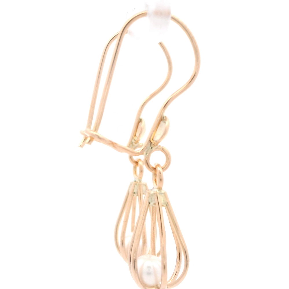 Aros de Oro Amarillo 18K Canasto Colgante con 1perla y Gancho Hippie con Seguridad