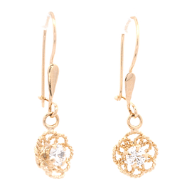 Aros de Oro Amarillo 18K Flor Filigrana con 1 Piedra Incolora y Gancho Hippie con Seguridad