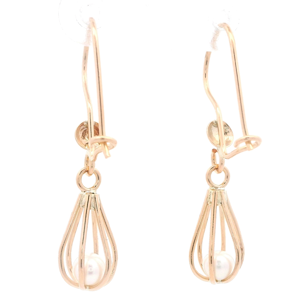 Aros de Oro Amarillo 18K Canasto Colgante con 1perla y Gancho Hippie con Seguridad