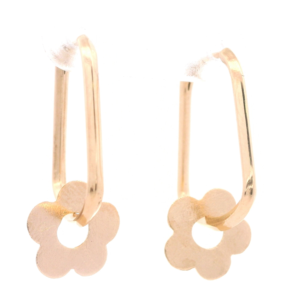 Aros de Oro Amarillo 18K Campana con Flor Mateada Móvil y Cierre Criollo