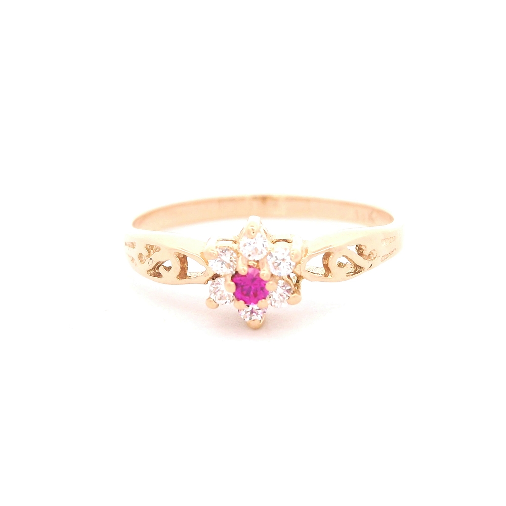 Anillo de Oro Amarillo 18K Flor con Piedra Fucsia