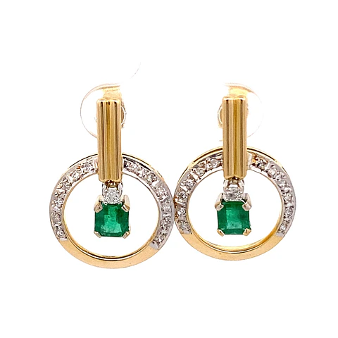 Aros de Oro Amarillo 18K Gota con Diamantes y Esmeralda