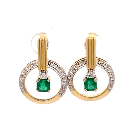 Aros de Oro Amarillo 18K Gota con Diamantes y Esmeralda