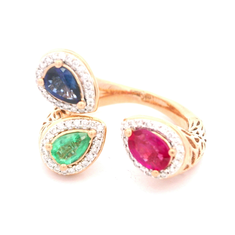 Anillo de Oro Amarillo 18K Oval Calado con Diamantes y Esmeralda y Zafiro y Rubí