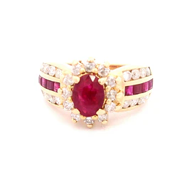 Anillo de Oro Amarillo 14K Flor con Diamantes y Rubí