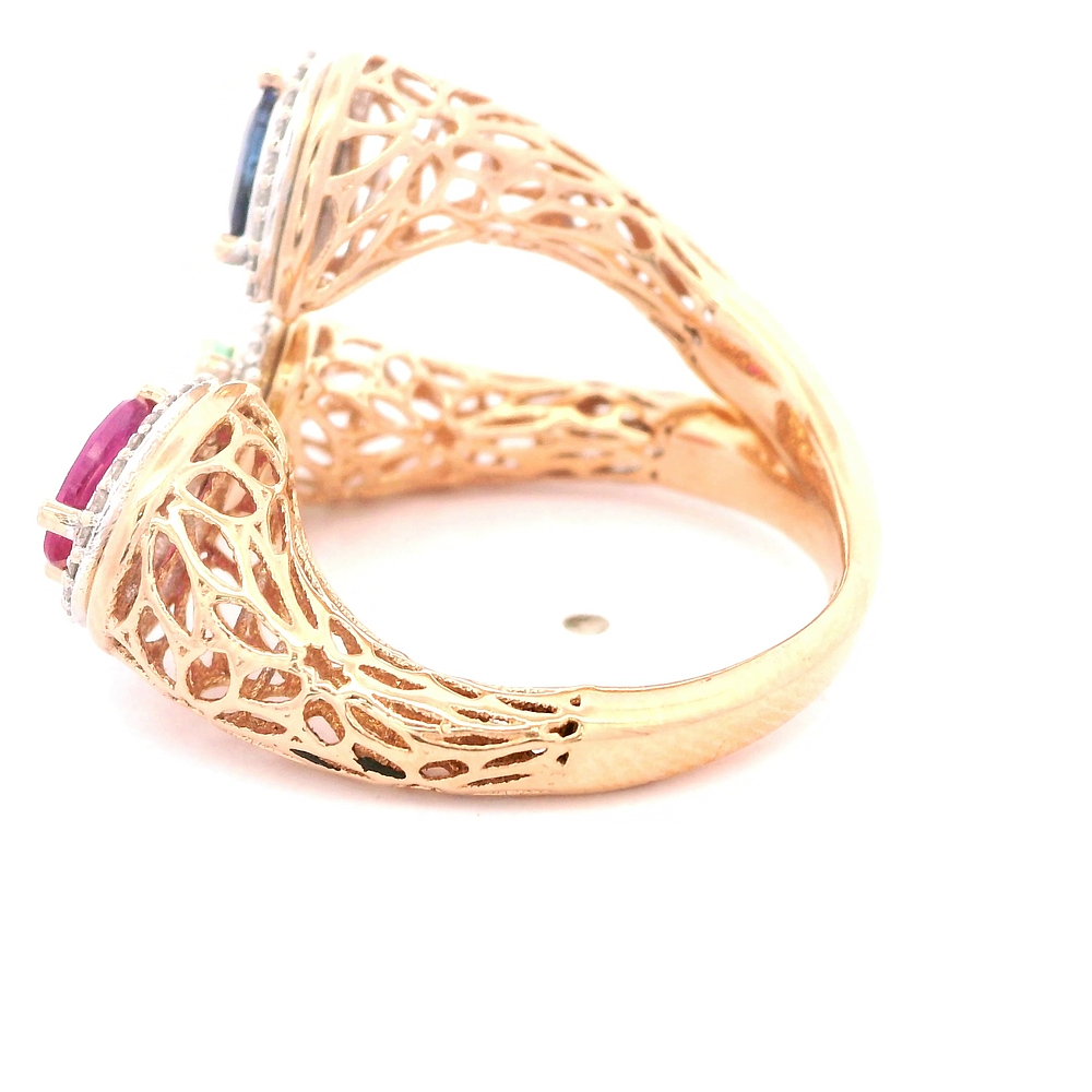 Anillo de Oro Amarillo 18K Oval Calado con Diamantes y Esmeralda y Zafiro y Rubí