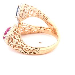 Anillo de Oro Amarillo 18K Oval Calado con Diamantes y Esmeralda y Zafiro y Rubí